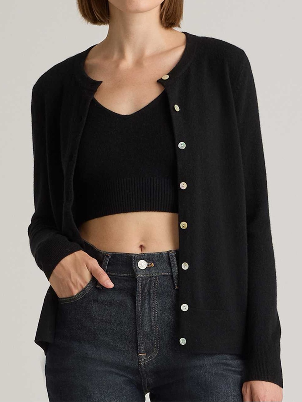 Quince 100% Mongolian Cashmere Cardigan Sweater Black XL Button Down Crew Neck